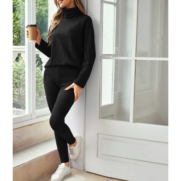 SOLD OUT NWOT SHEIN Ribbed Black Turtleneck Set with Leggings Size Small - Picture 2 of 6